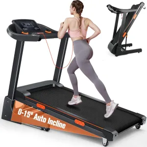 0-15° Treadmill with Auto Incline, Foldable Treadmills for Home, 3.5HP Folding Treadmill for Running & Walking, Wide Treadmills for Home with 320LBS Capacity, Pulse Monitor & Speaker