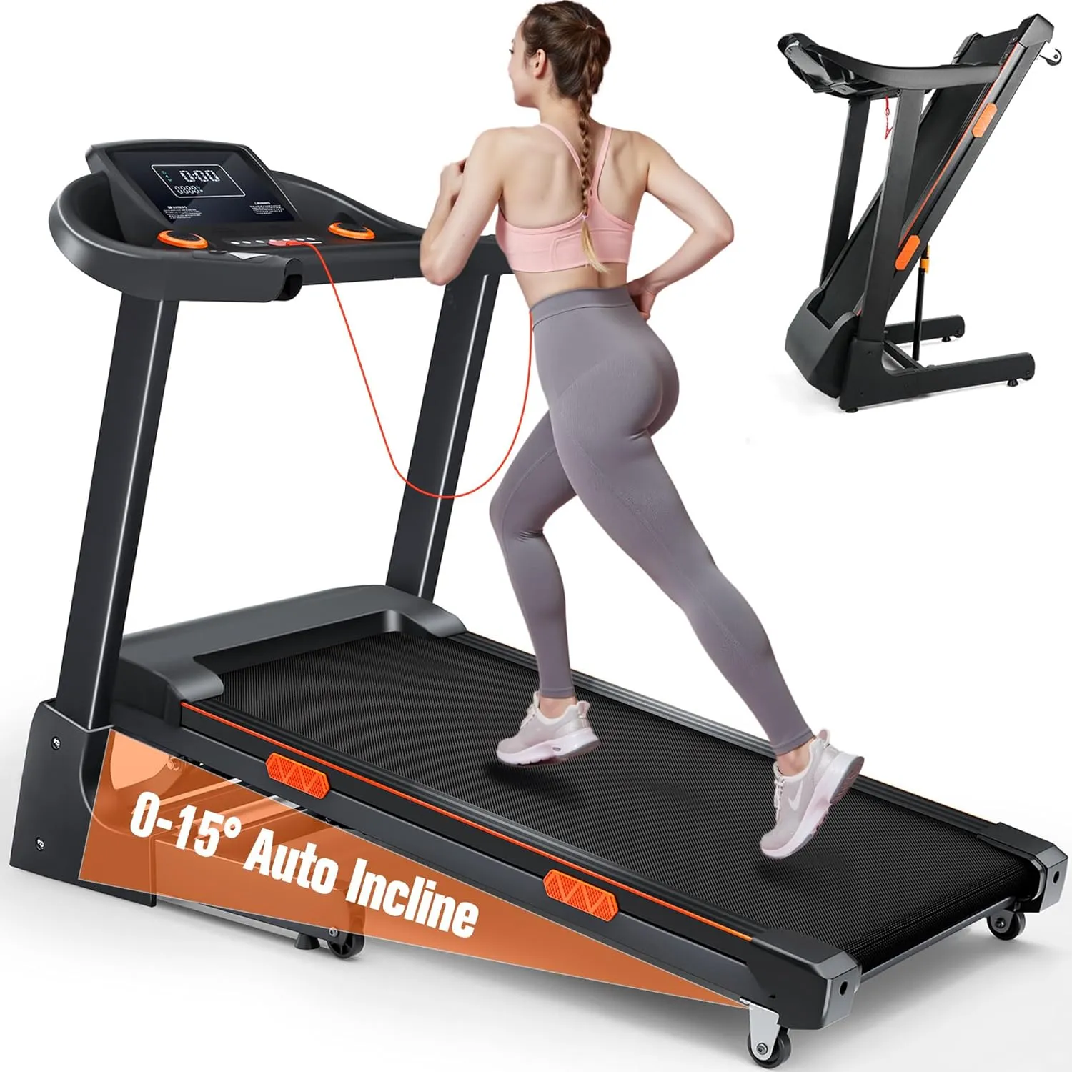 0-15° Treadmill with Auto Incline, Foldable Treadmills for Home, 3.5HP Folding Treadmill for Running & Walking, Wide Treadmills for Home with 320LBS Capacity, Pulse Monitor & Speaker
