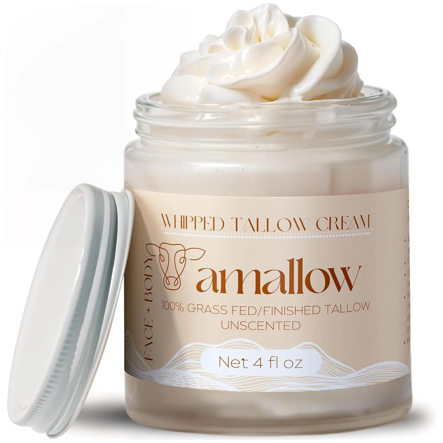 100% Grass Fed Beef Tallow for Skin Care - Face   Body - Whipped Moisturizer for Sensitive Skin - Natural Lotion, 4 FL. oz. (Unscented)
