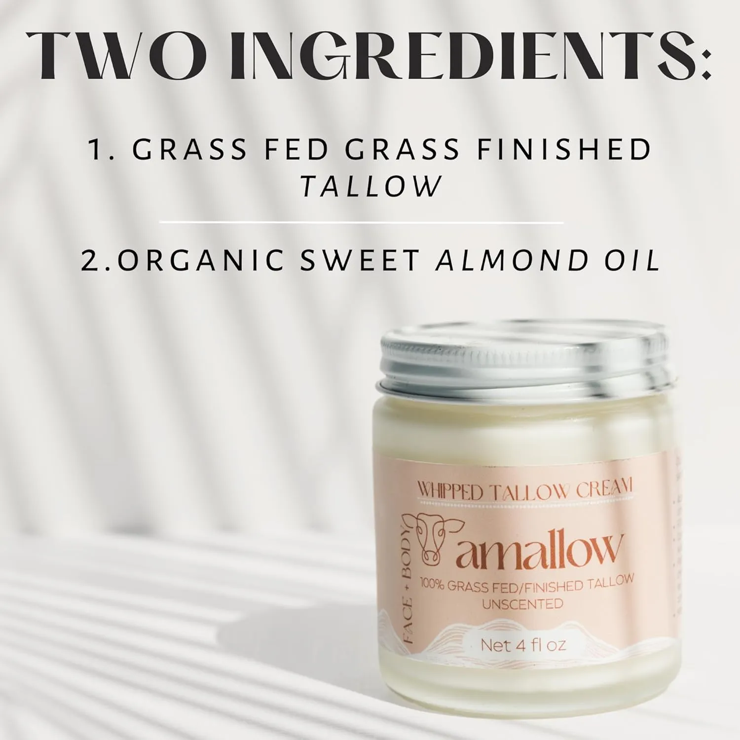 100% Grass Fed Beef Tallow for Skin Care - Face   Body - Whipped Moisturizer for Sensitive Skin - Natural Lotion, 4 FL. oz. (Unscented)