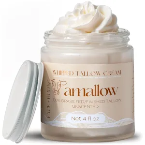 100% Grass Fed Beef Tallow for Skin Care - Face   Body - Whipped Moisturizer for Sensitive Skin - Natural Lotion, 4 FL. oz. (Unscented)
