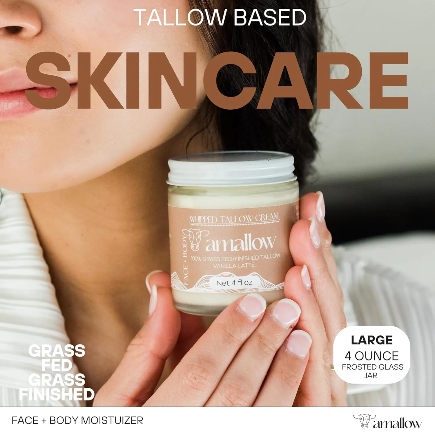 100% Grass Fed Beef Tallow for Skin Care - Face   Body - Whipped Moisturizer - Natural Lotion, 4 FL. oz. (Vanilla Latte)