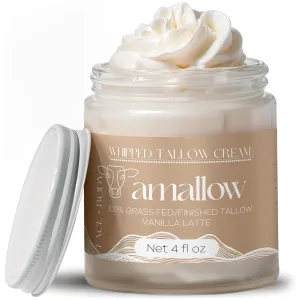 100% Grass Fed Beef Tallow for Skin Care - Face   Body - Whipped Moisturizer - Natural Lotion, 4 FL. oz. (Vanilla Latte)
