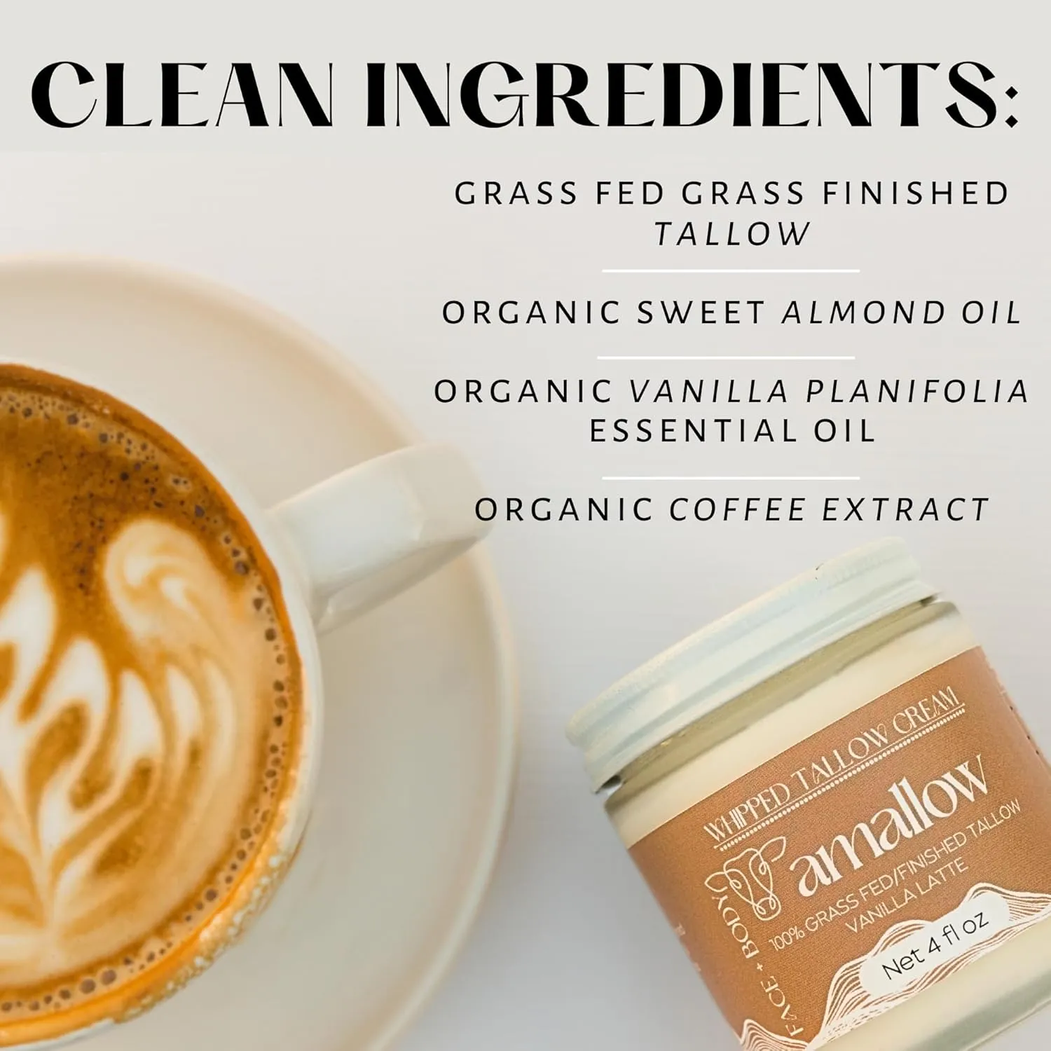 100% Grass Fed Beef Tallow for Skin Care - Face   Body - Whipped Moisturizer - Natural Lotion, 4 FL. oz. (Vanilla Latte)