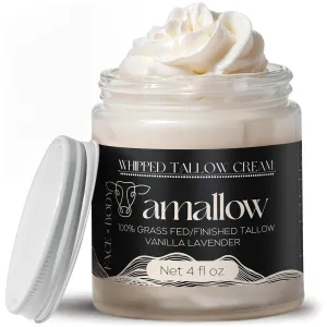 100% Grass Fed Beef Tallow for Skin Care - Face   Body - Whipped Moisturizer - Natural Lotion, 4 FL. oz. (Vanilla Lavender)