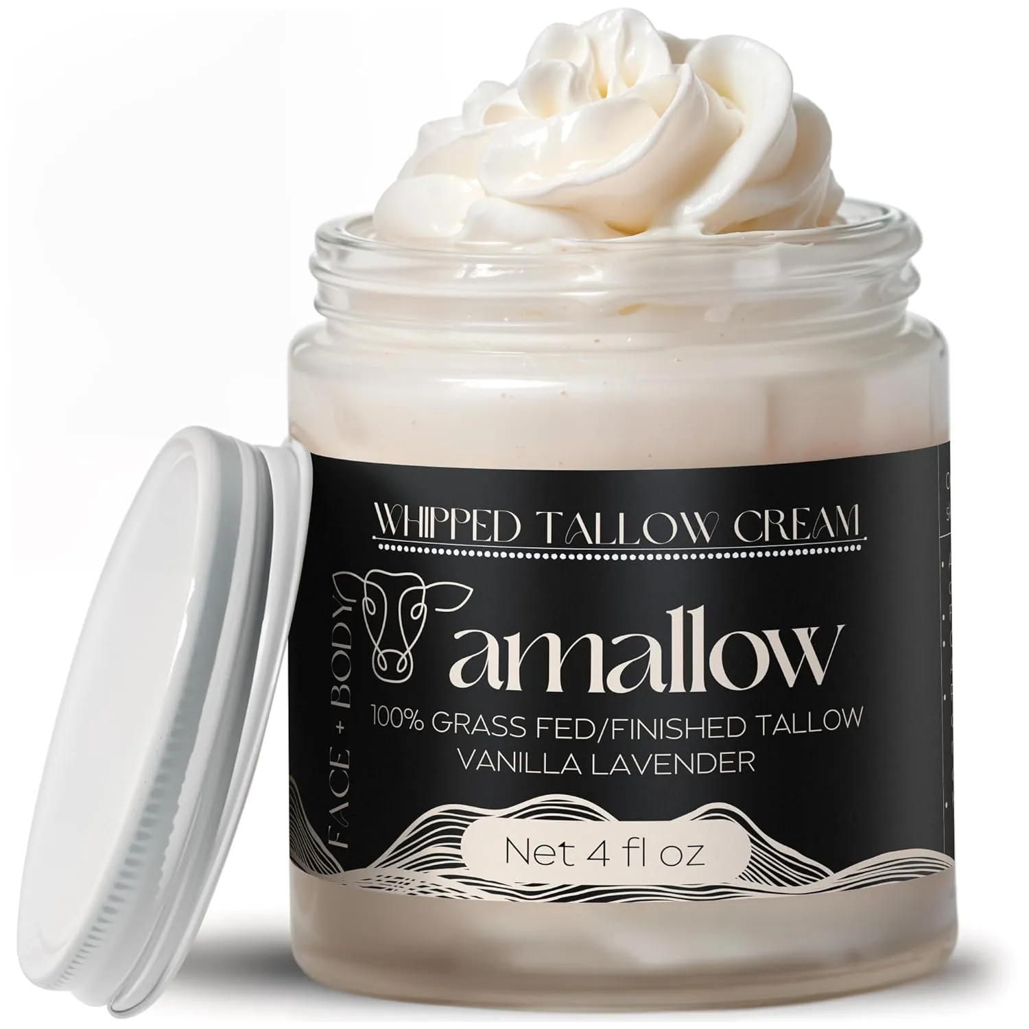 100% Grass Fed Beef Tallow for Skin Care - Face   Body - Whipped Moisturizer - Natural Lotion, 4 FL. oz. (Vanilla Lavender)