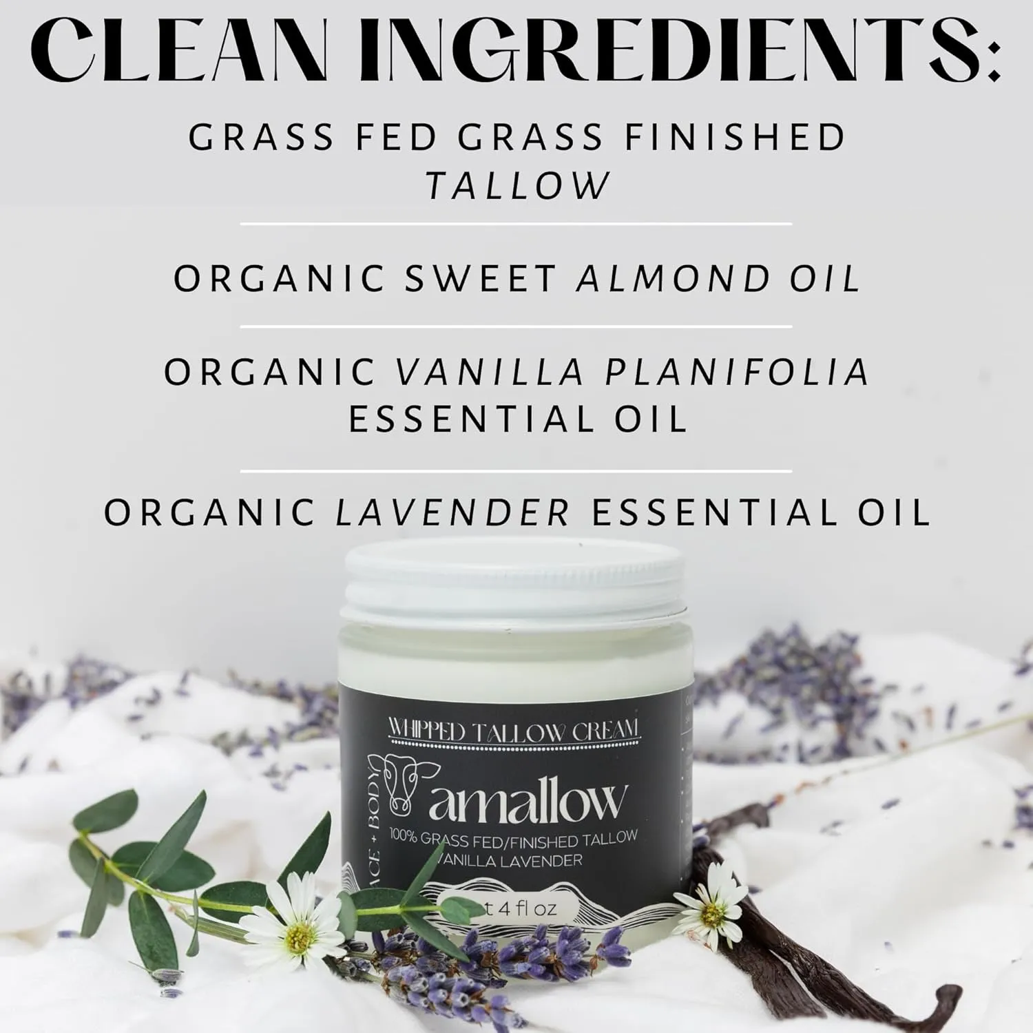 100% Grass Fed Beef Tallow for Skin Care - Face   Body - Whipped Moisturizer - Natural Lotion, 4 FL. oz. (Vanilla Lavender)
