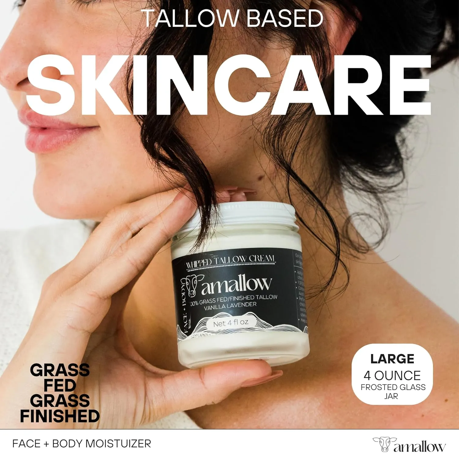 100% Grass Fed Beef Tallow for Skin Care - Face   Body - Whipped Moisturizer - Natural Lotion, 4 FL. oz. (Vanilla Lavender)