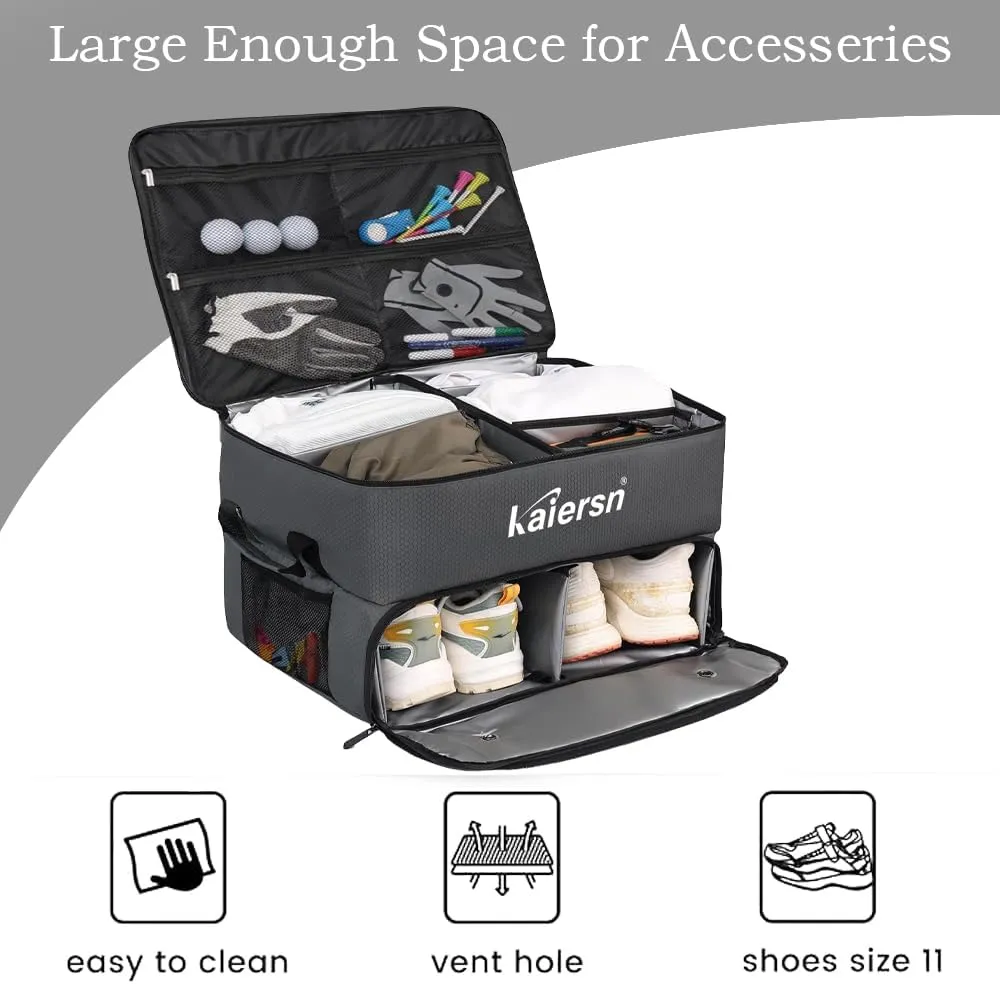 2 Layer Golf Trunk Organizer, Waterproof Car Golf Locker with Separate Ventilated Compartment for 2 Pair Shoes, Golf Trunk Storage for Balls, Tees, Clothes, Gloves, Accessories, Golf Gifts