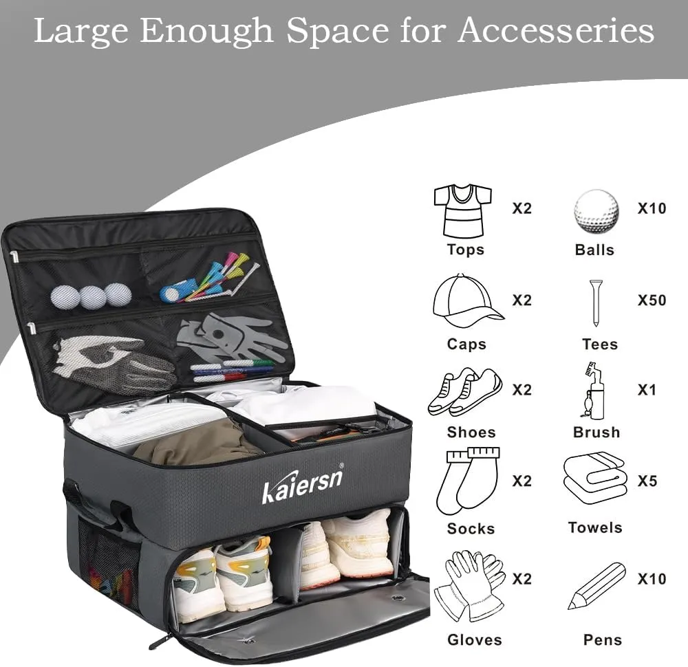 2 Layer Golf Trunk Organizer, Waterproof Car Golf Locker with Separate Ventilated Compartment for 2 Pair Shoes, Golf Trunk Storage for Balls, Tees, Clothes, Gloves, Accessories, Golf Gifts