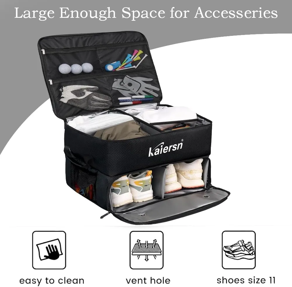 2 Layer Golf Trunk Organizer, Waterproof Car Golf Locker with Separate Ventilated Compartment for 2 Pair Shoes, Golf Trunk Storage for Balls, Tees, Clothes, Gloves, Accessories, Golf Gifts