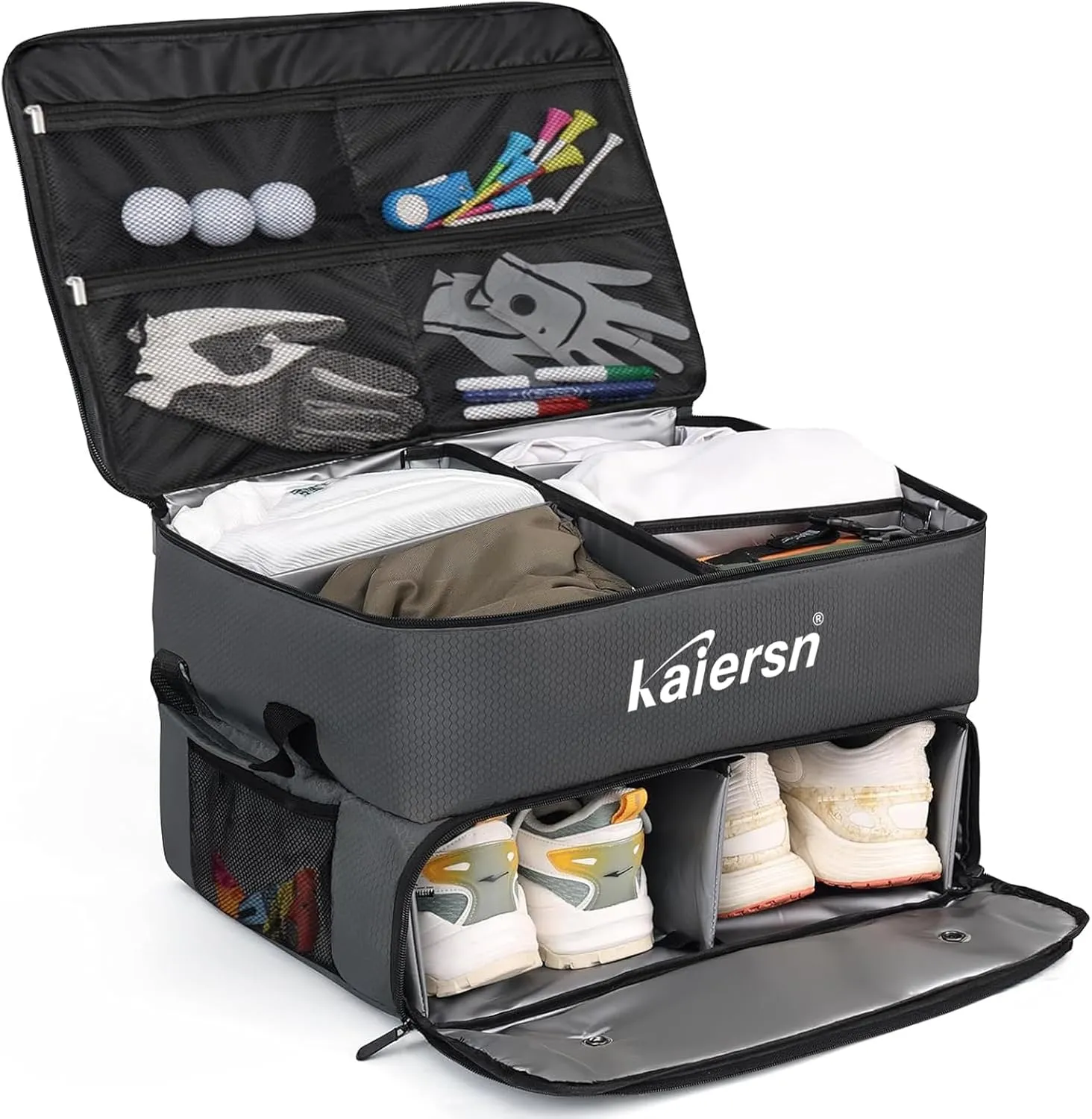 2 Layer Golf Trunk Organizer, Waterproof Car Golf Locker with Separate Ventilated Compartment for 2 Pair Shoes, Golf Trunk Storage for Balls, Tees, Clothes, Gloves, Accessories, Golf Gifts