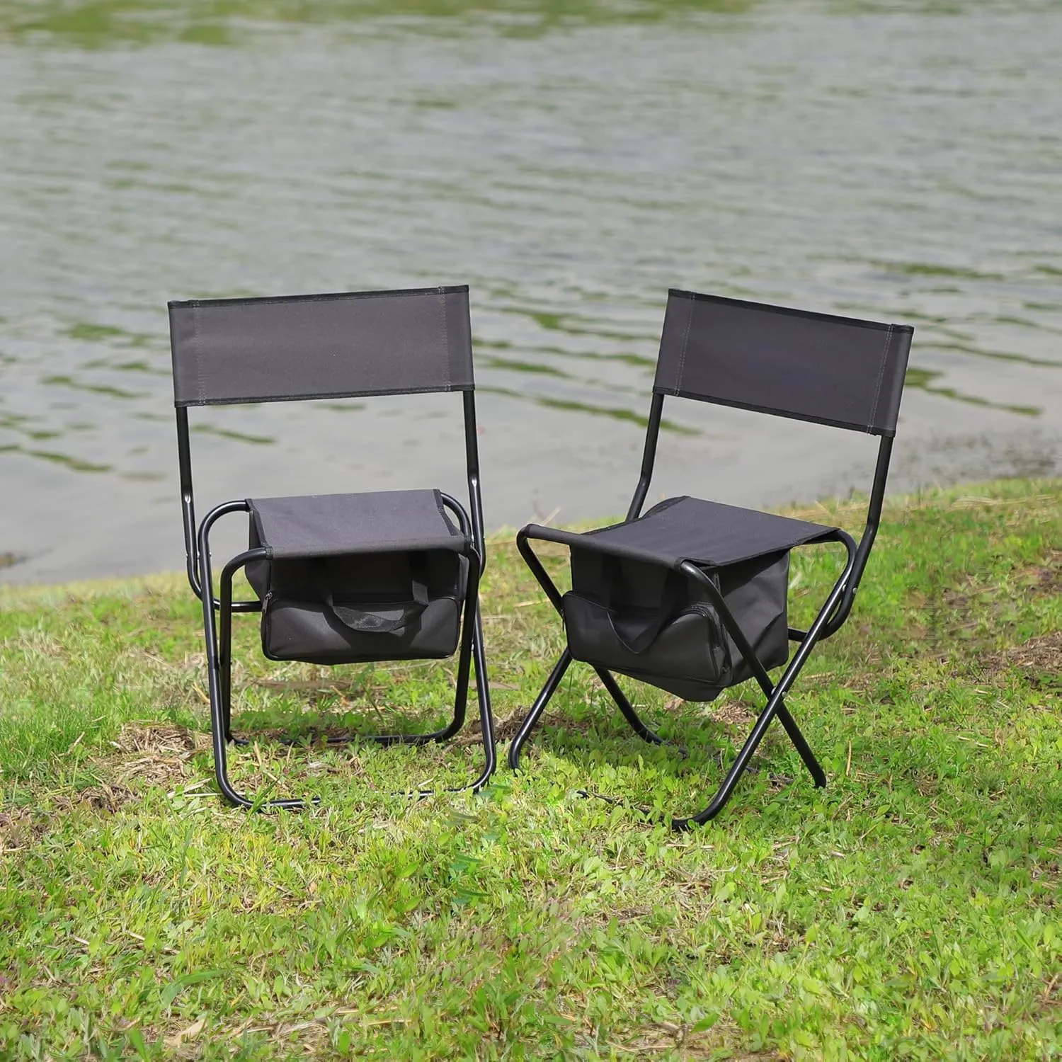 2 PCS Folding Camp Chairs, with Cooler Bag & Back Support, Lawn Outdoor Patio Portable for Outside, Blue