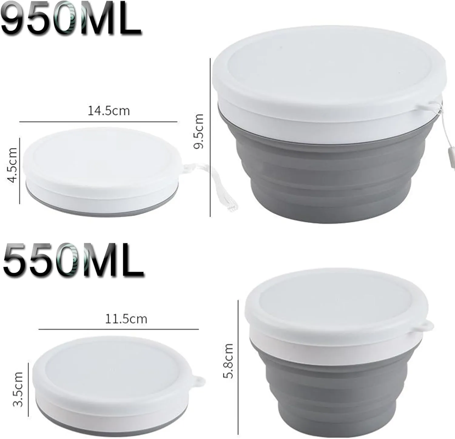 2Pack 550-1000ML Multi - Use Silicone Foldable Set, Lunch Box, Bowl With Lid—Perfect for Outdoor(Black,550ML)