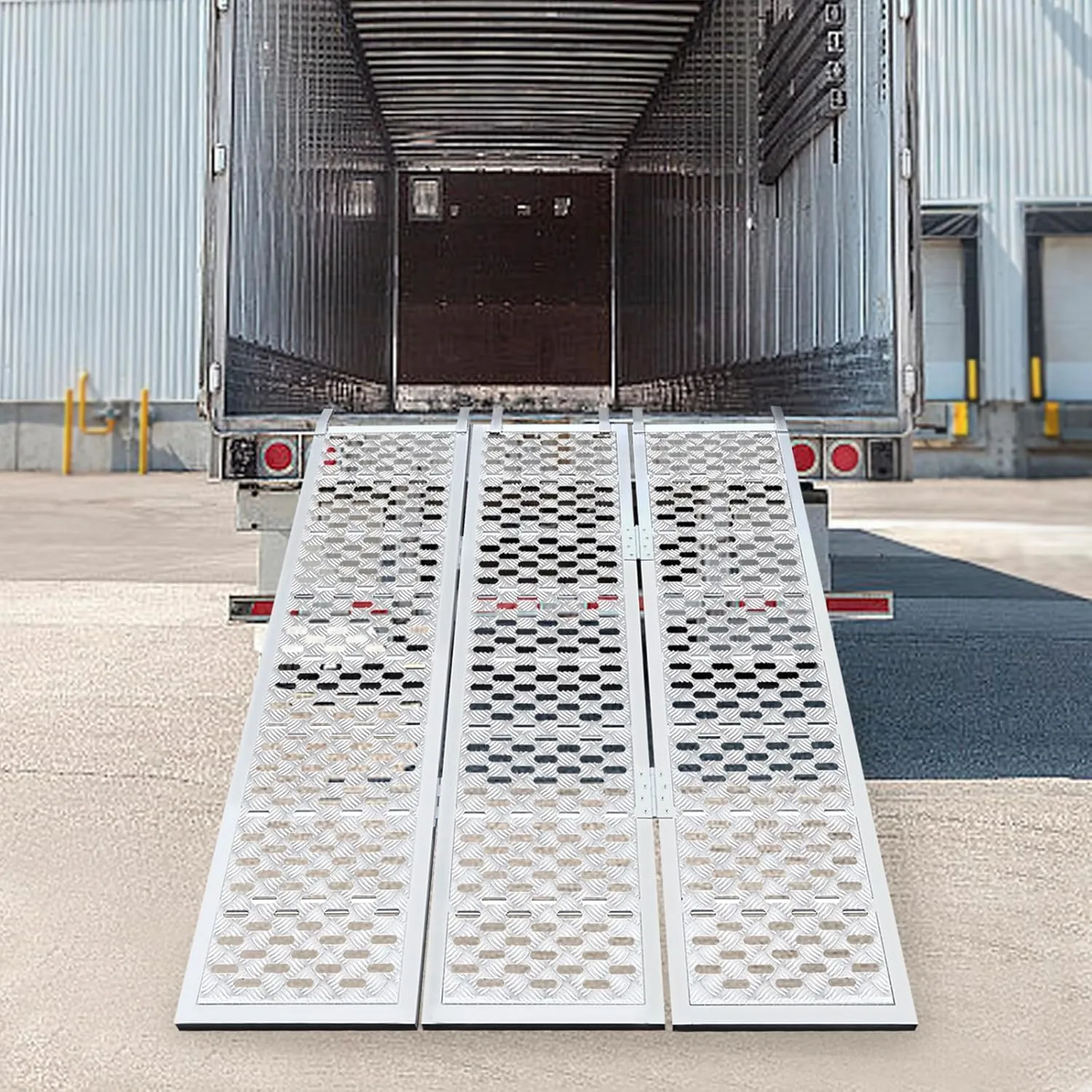 54” W x 77” L Tri-Fold Aluminum Loading Ramps 1500 Lbs Capacity Folding Ramp with Load Straps and Top Hook Extra-Wide Anti-Slip Foldable Ramp for Motorcycles/ATVs/UTVs/Lawnmowers/Tractors