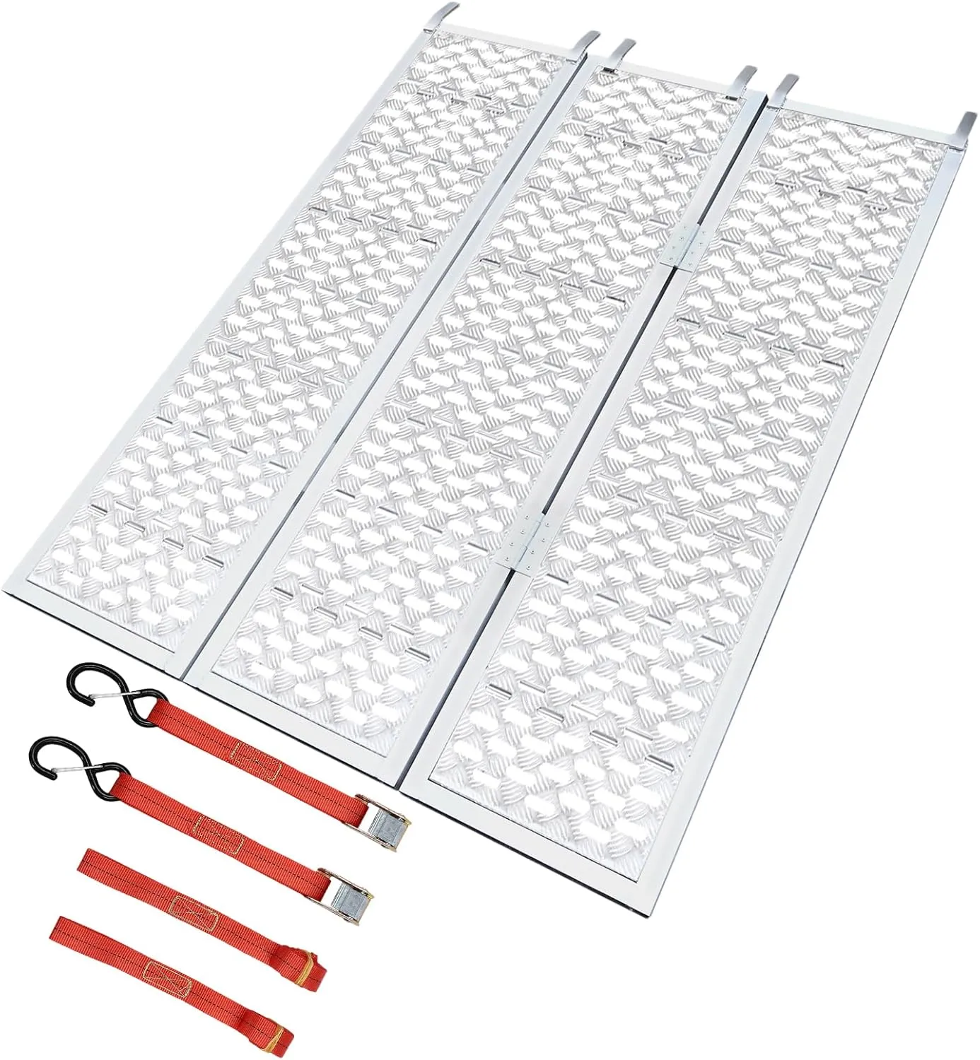 54” W x 77” L Tri-Fold Aluminum Loading Ramps 1500 Lbs Capacity Folding Ramp with Load Straps and Top Hook Extra-Wide Anti-Slip Foldable Ramp for Motorcycles/ATVs/UTVs/Lawnmowers/Tractors