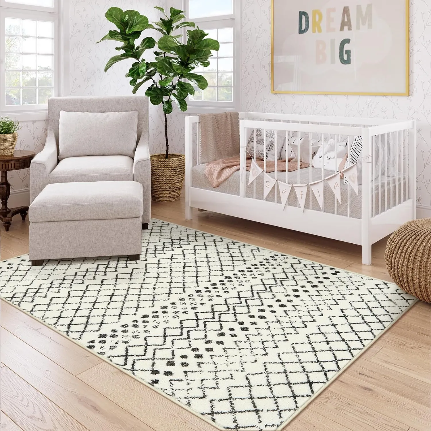 5'x7' Area Rug for Bedroom,Washable Non Slip Rugs Geometric Low-Pile Rugs for Living Room,Indoor Super Soft Large Dining Room Rug Foldable Floor Rugs for Nursery Guest Room(Cream)