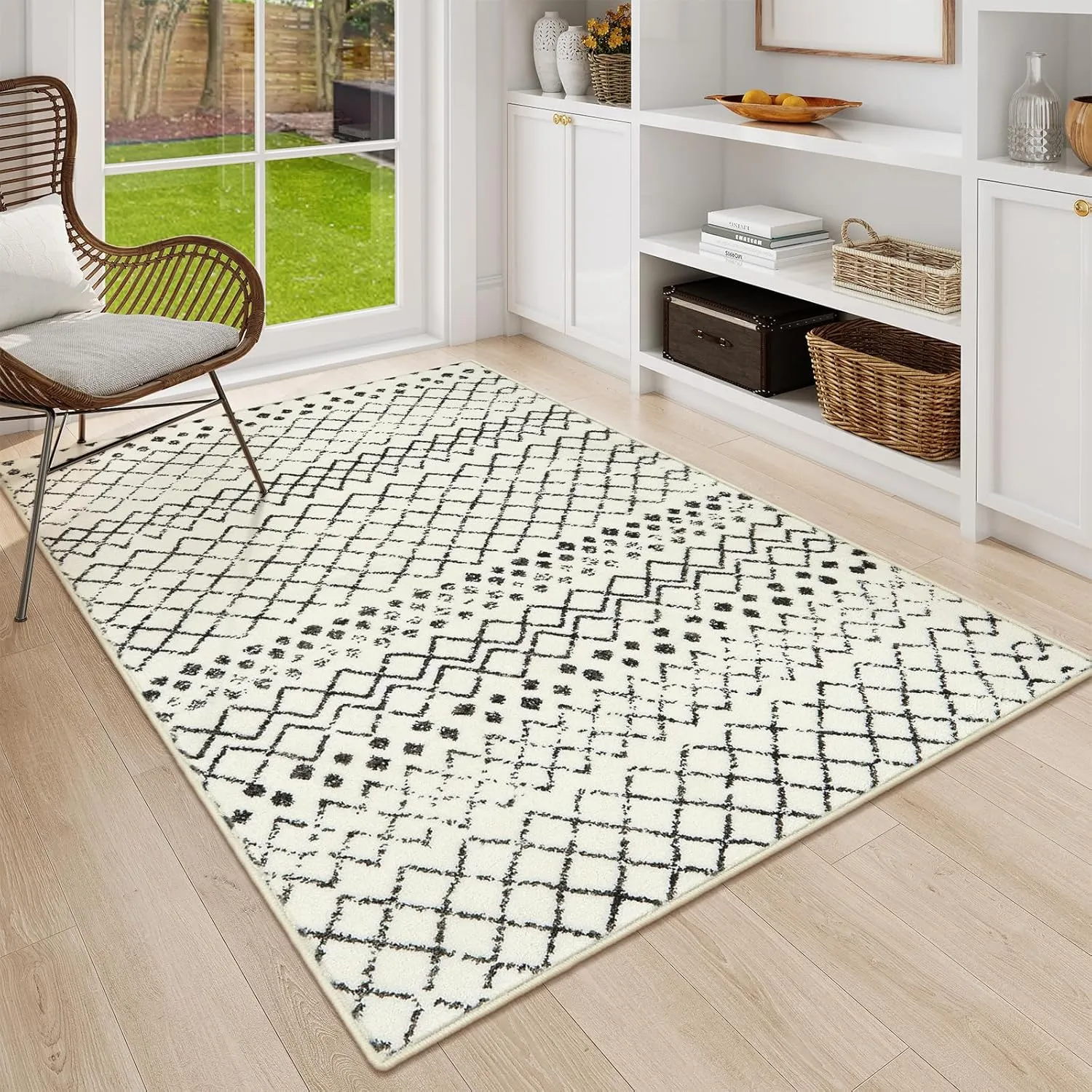 5'x7' Area Rug for Bedroom,Washable Non Slip Rugs Geometric Low-Pile Rugs for Living Room,Indoor Super Soft Large Dining Room Rug Foldable Floor Rugs for Nursery Guest Room(Cream)