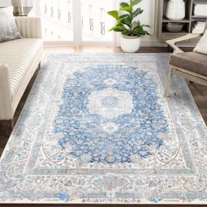 5x7 Area Rugs Washable,Blue Rug for Living Room Bedroom Kitchen,Large Boho Vintage Bohemian Distressed Carpet Non Slip,Floral