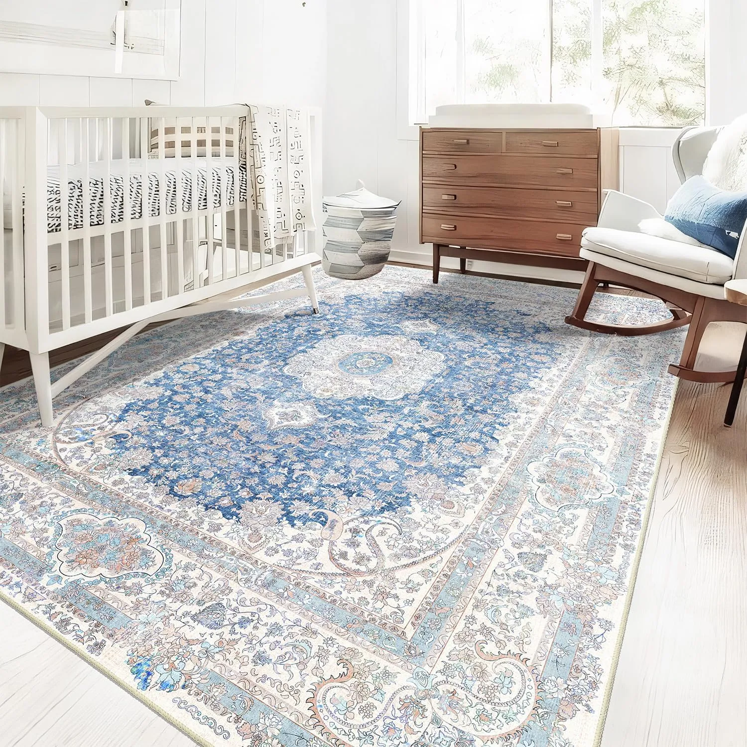 5x7 Area Rugs Washable,Blue Rug for Living Room Bedroom Kitchen,Large Boho Vintage Bohemian Distressed Carpet Non Slip,Floral
