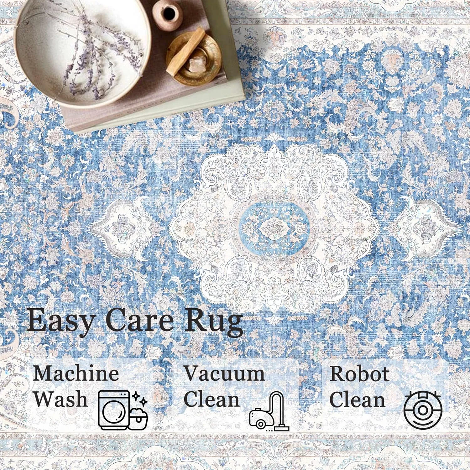5x7 Area Rugs Washable,Blue Rug for Living Room Bedroom Kitchen,Large Boho Vintage Bohemian Distressed Carpet Non Slip,Floral