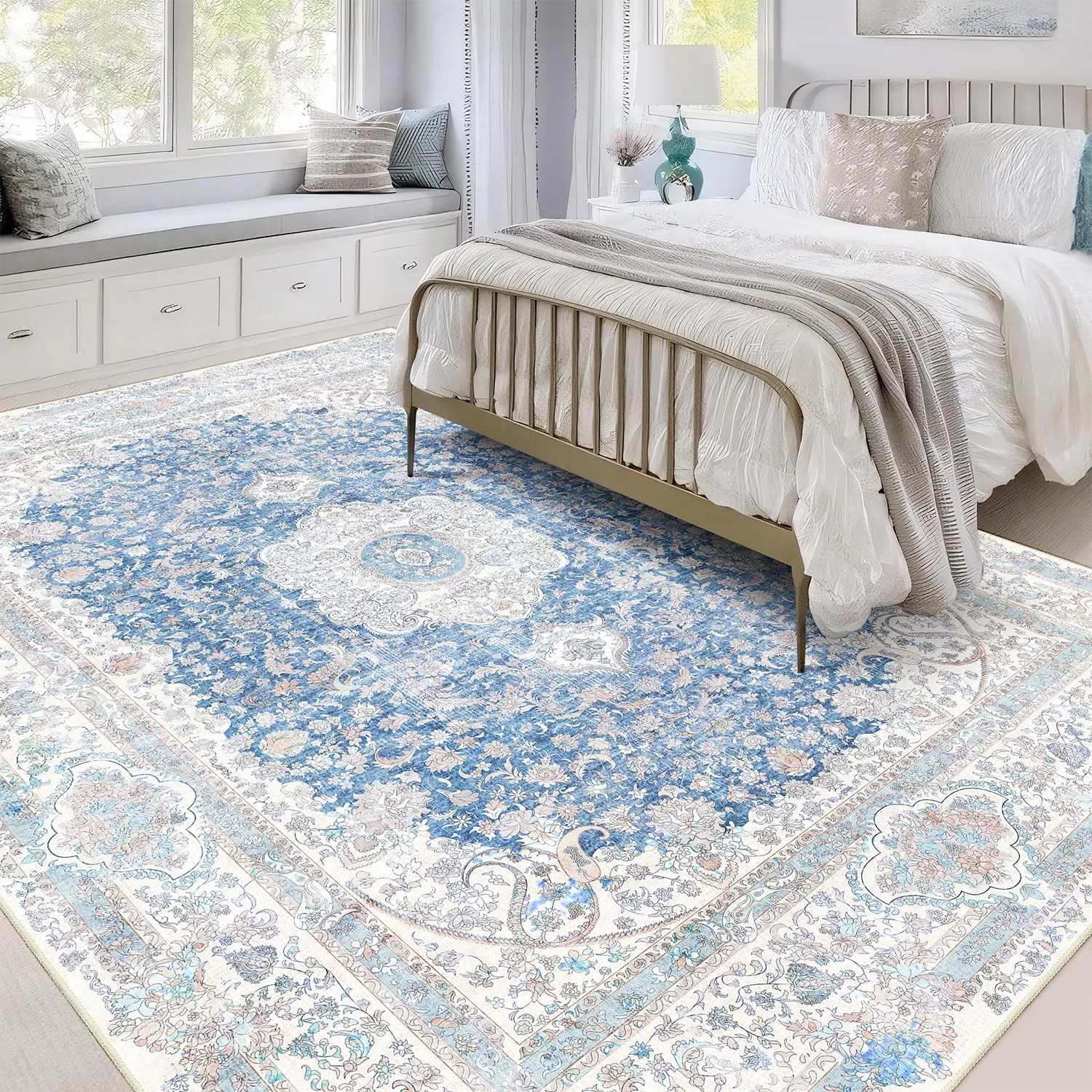 5x7 Area Rugs Washable,Blue Rug for Living Room Bedroom Kitchen,Large Boho Vintage Bohemian Distressed Carpet Non Slip,Floral