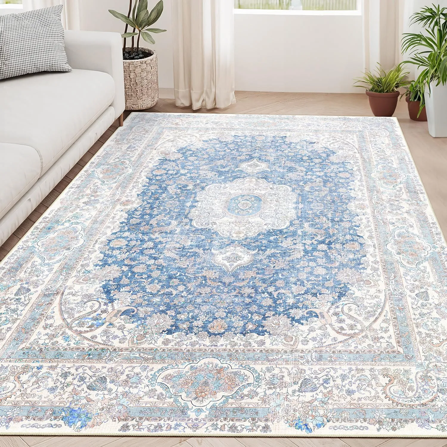 5x7 Area Rugs Washable,Blue Rug for Living Room Bedroom Kitchen,Large Boho Vintage Bohemian Distressed Carpet Non Slip,Floral