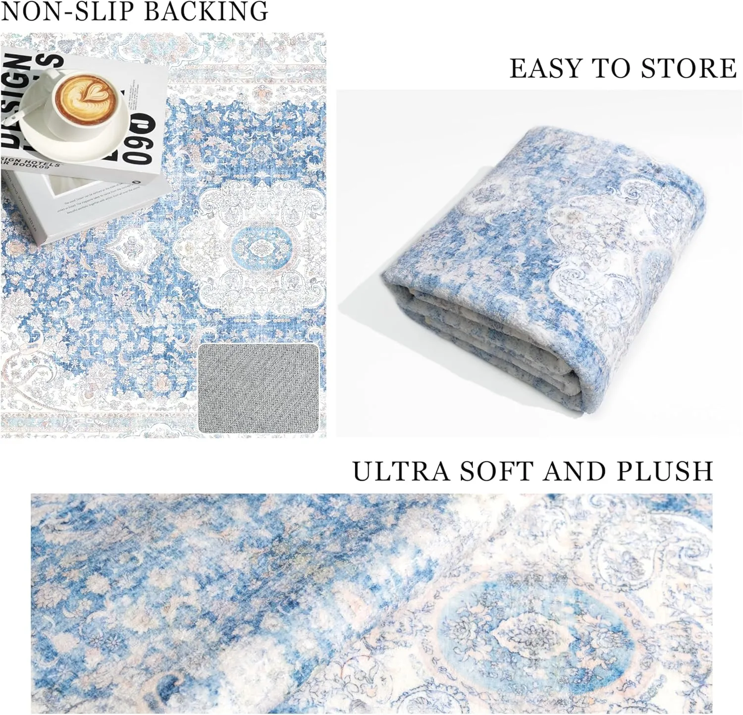 5x7 Area Rugs Washable,Blue Rug for Living Room Bedroom Kitchen,Large Boho Vintage Bohemian Distressed Carpet Non Slip,Floral