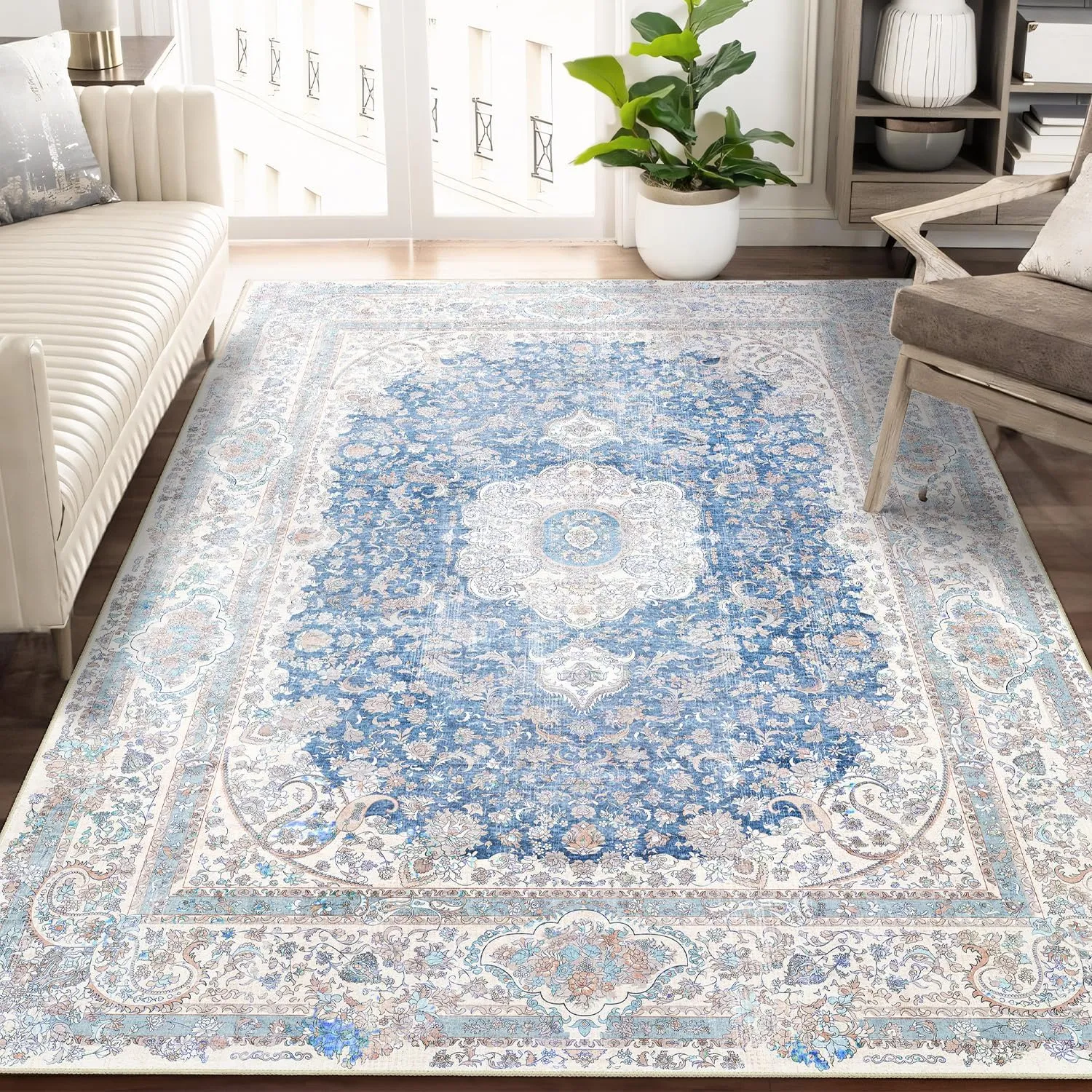 5x7 Area Rugs Washable,Blue Rug for Living Room Bedroom Kitchen,Large Boho Vintage Bohemian Distressed Carpet Non Slip,Floral
