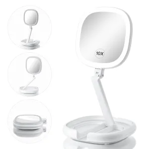 6.3” Makeup Mirror with Light and Magnification, 10X/1X Light Up Makeup Mirror Lighted Make Up Mirror with Adjustable Height Double Sides Folding Magnifying Mirror with Light
