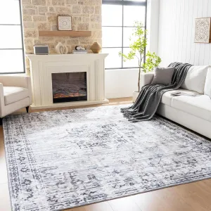 8x10 Washable Area Rug, Low Pile Large Rug with Non Slip Backing & Reinforced Edges, Ultra Soft Vintage Foldable Indoor Big Rug Carpet for Living Room, Bedroom, Dining Room, Office, Grey