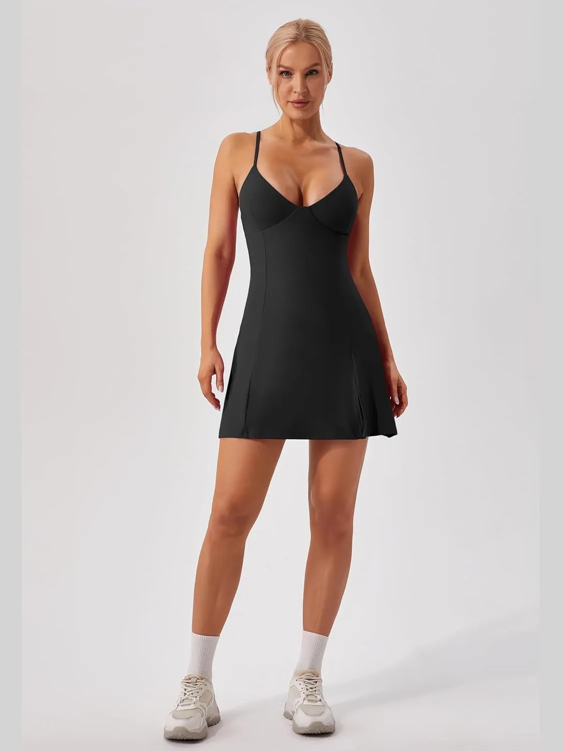ABOCIW Womens V Neck Spaghetti Strap Tennis Dress with Shorts Workout Side Slit Active Golf Dresses