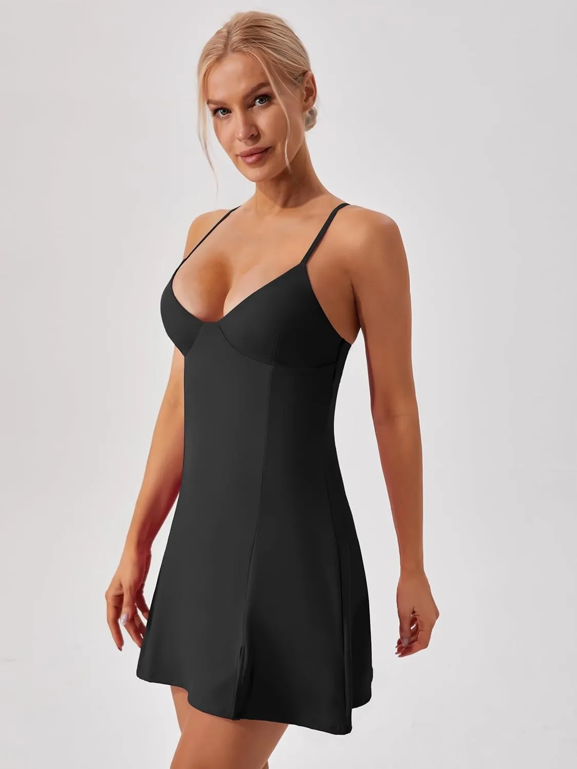 ABOCIW Womens V Neck Spaghetti Strap Tennis Dress with Shorts Workout Side Slit Active Golf Dresses