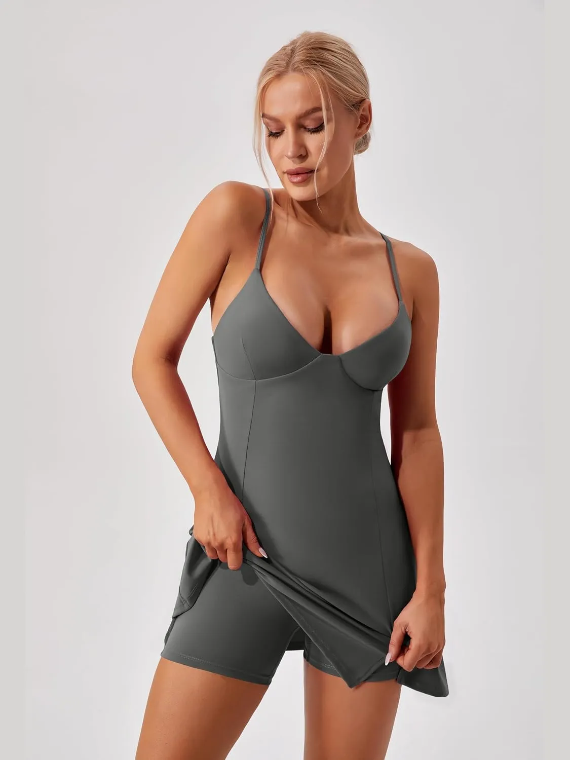 ABOCIW Womens V Neck Spaghetti Strap Tennis Dress with Shorts Workout Side Slit Active Golf Dresses