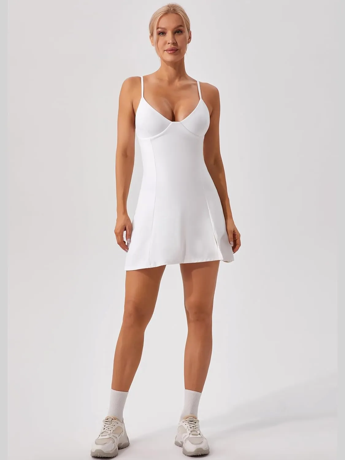 ABOCIW Womens V Neck Spaghetti Strap Tennis Dress with Shorts Workout Side Slit Active Golf Dresses