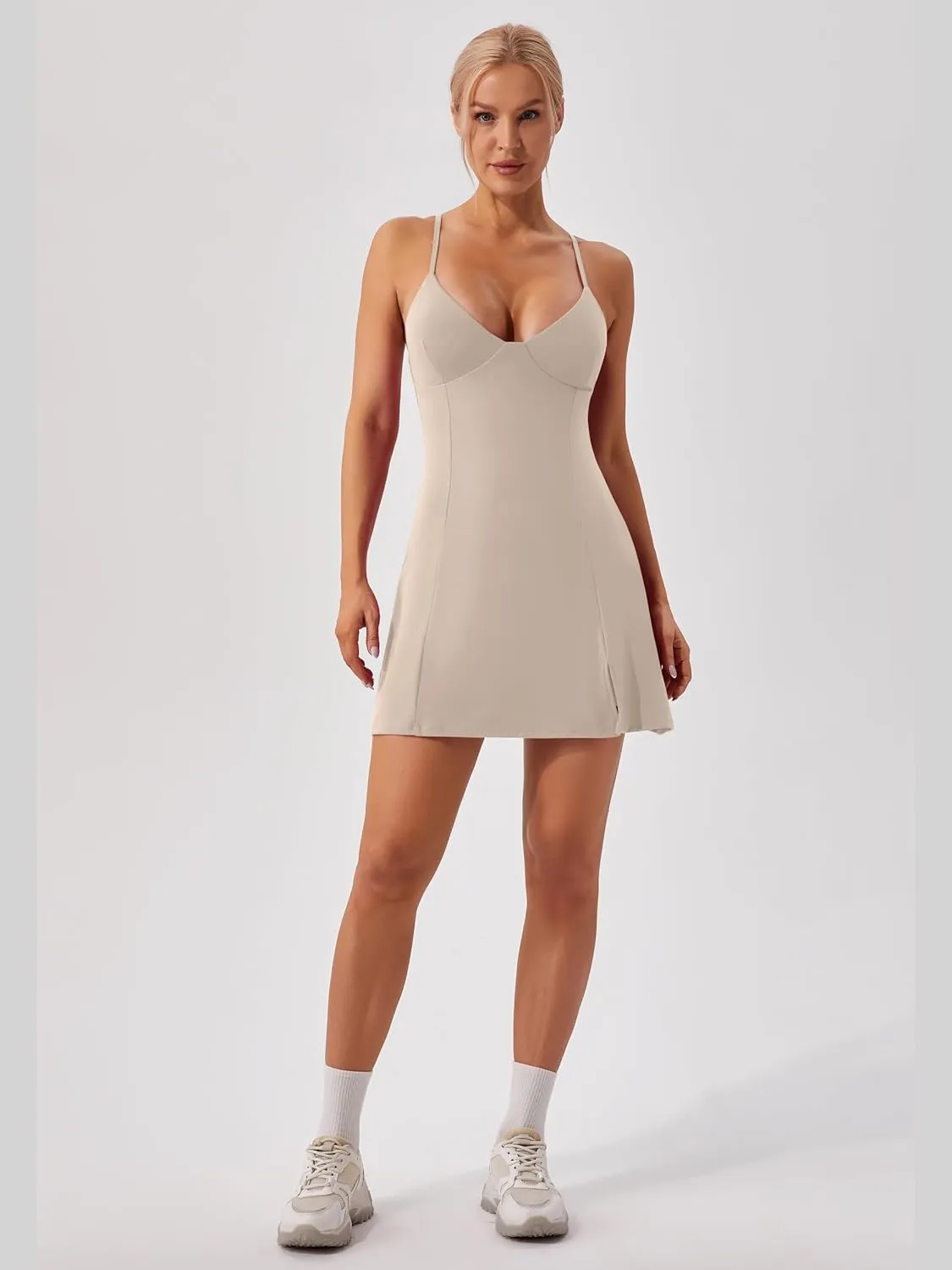 ABOCIW Womens V Neck Spaghetti Strap Tennis Dress with Shorts Workout Side Slit Active Golf Dresses
