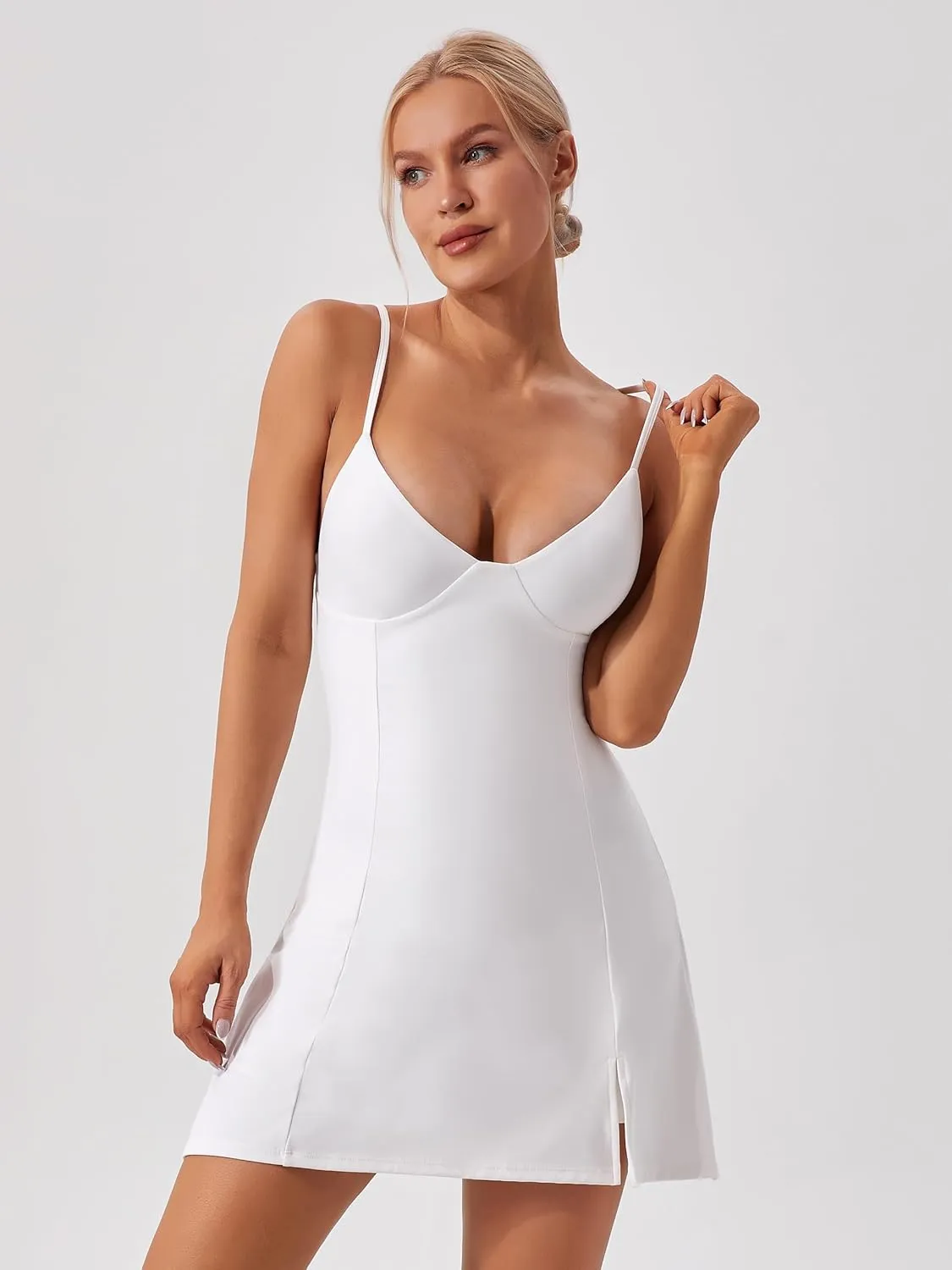 ABOCIW Womens V Neck Spaghetti Strap Tennis Dress with Shorts Workout Side Slit Active Golf Dresses