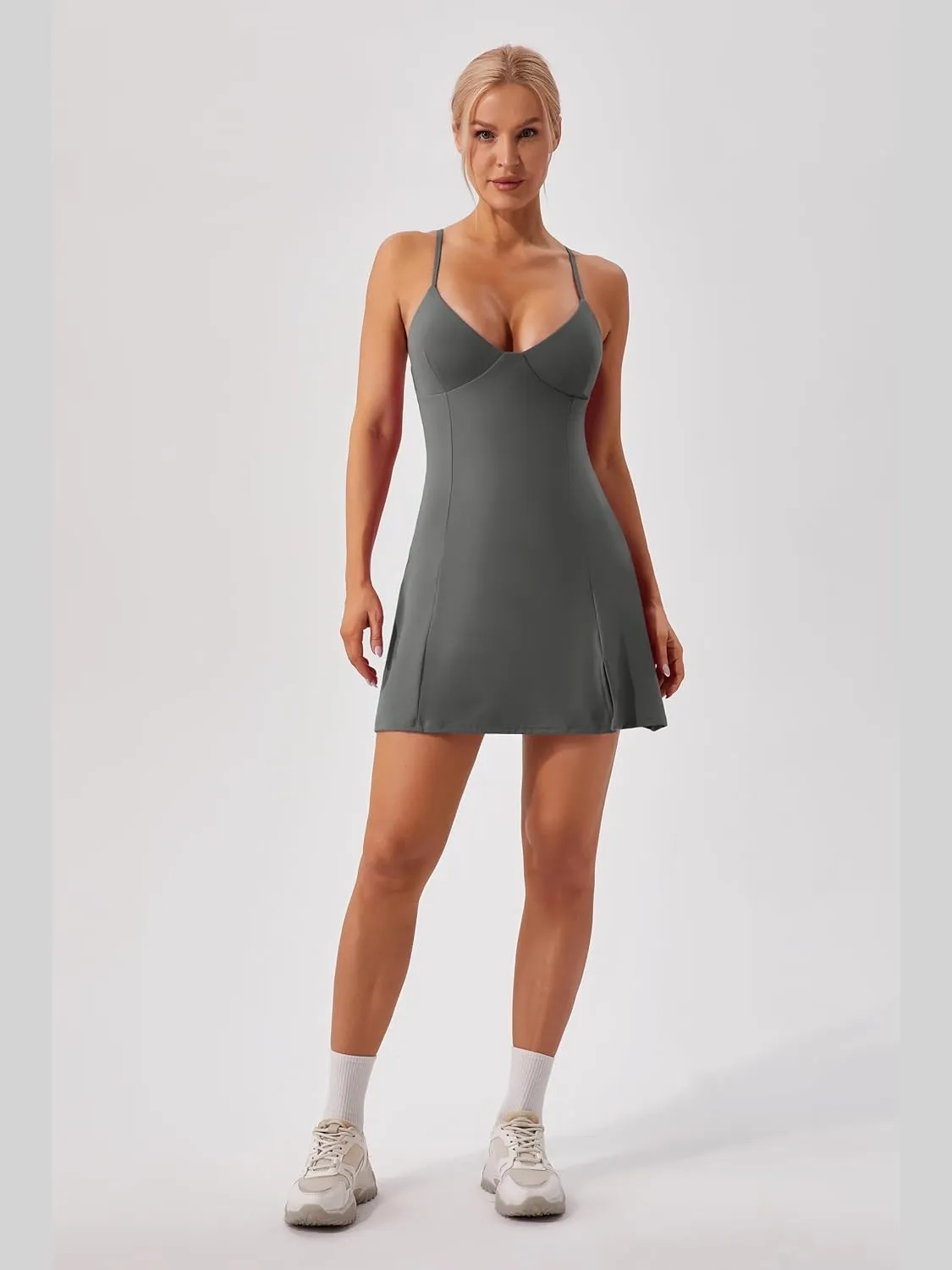 ABOCIW Womens V Neck Spaghetti Strap Tennis Dress with Shorts Workout Side Slit Active Golf Dresses