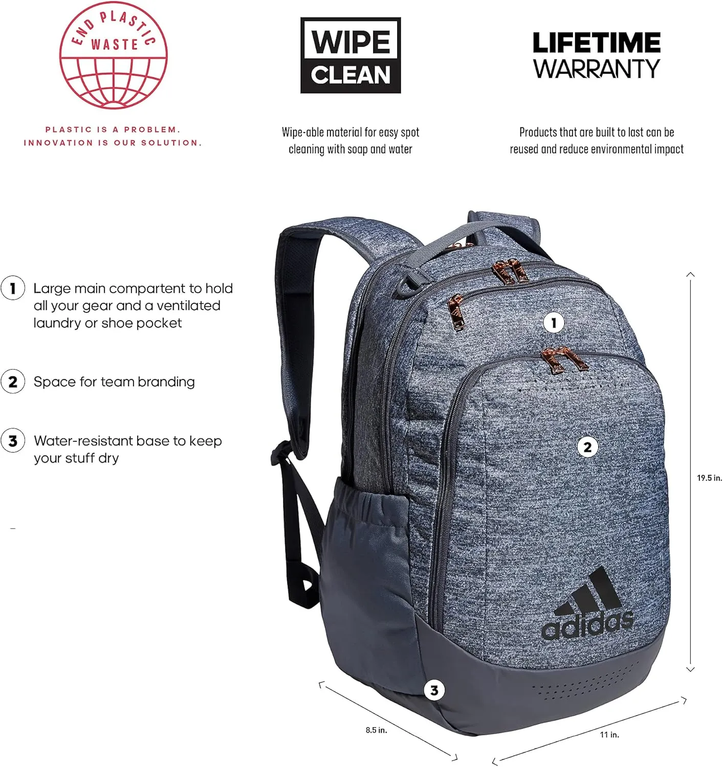 adidas Defender Sports, Soccer Bags and Basketball Backpacks for Holding Balls, Featuring Shoe Compartment, Jersey Onix Grey/Onix Grey/Rose Gold, One Size