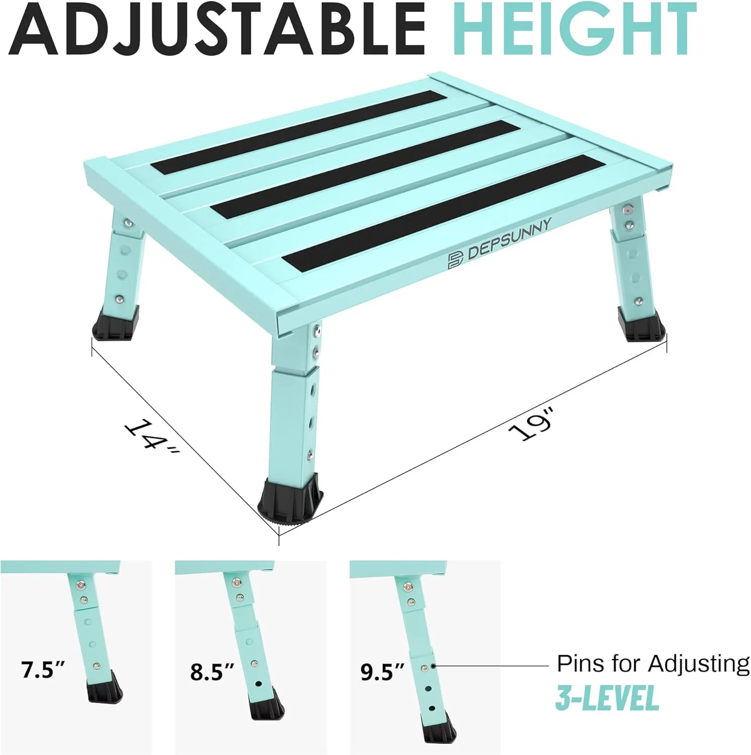 Adjustable Height Aluminum RV Step, Stable Foldable Platform Step Stool, Supports Up to 1,000 lb, Non-Slip Rubber Feet and Platform Mat, Easy to Carry (Green)
