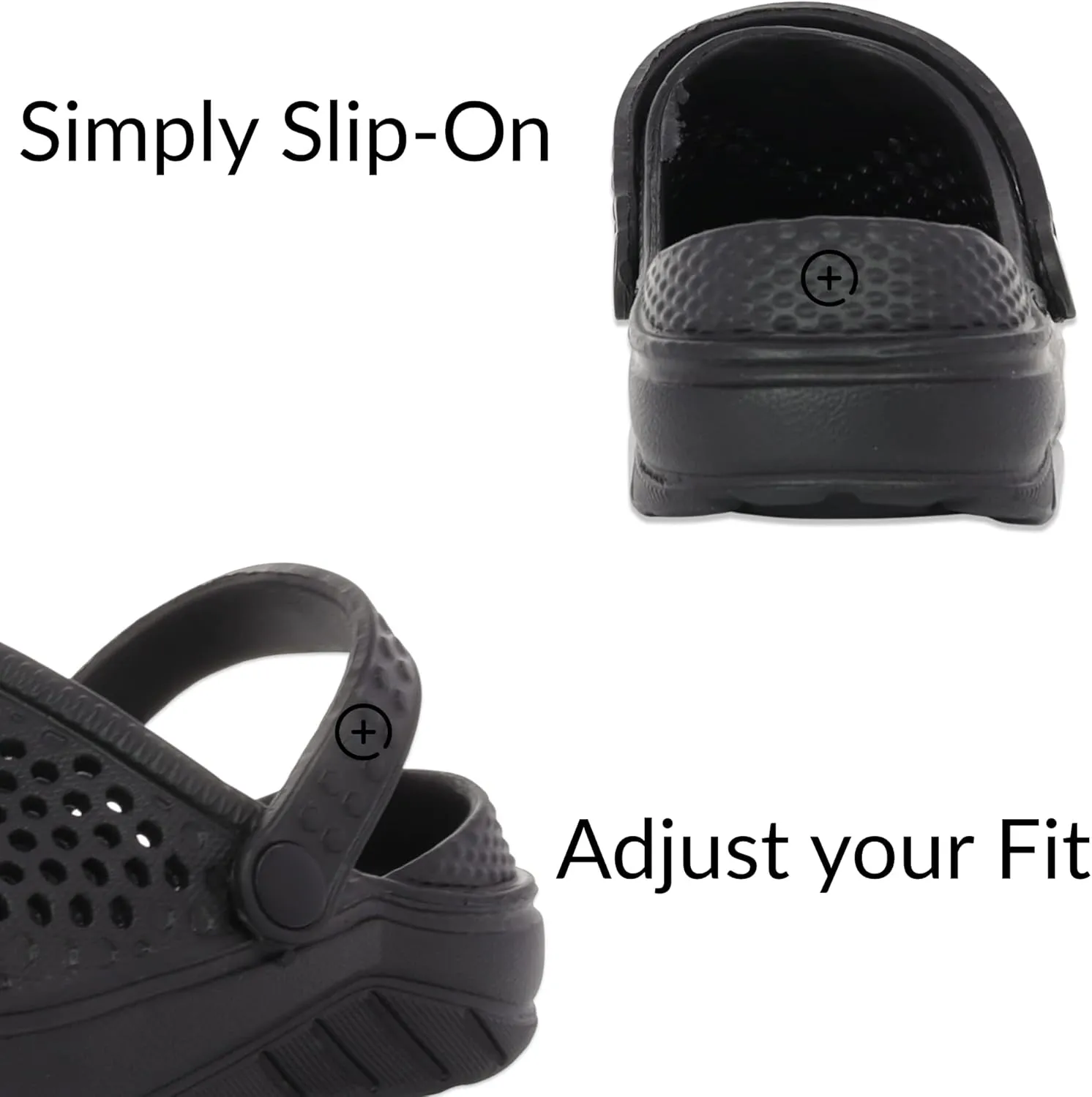 Adult Vented Clogs with Adjustable Heel Strap Slip-On Easy to Clean, Cushioned, Casual EVA Shoes for Everday or Water Shoes for Pool and Beach