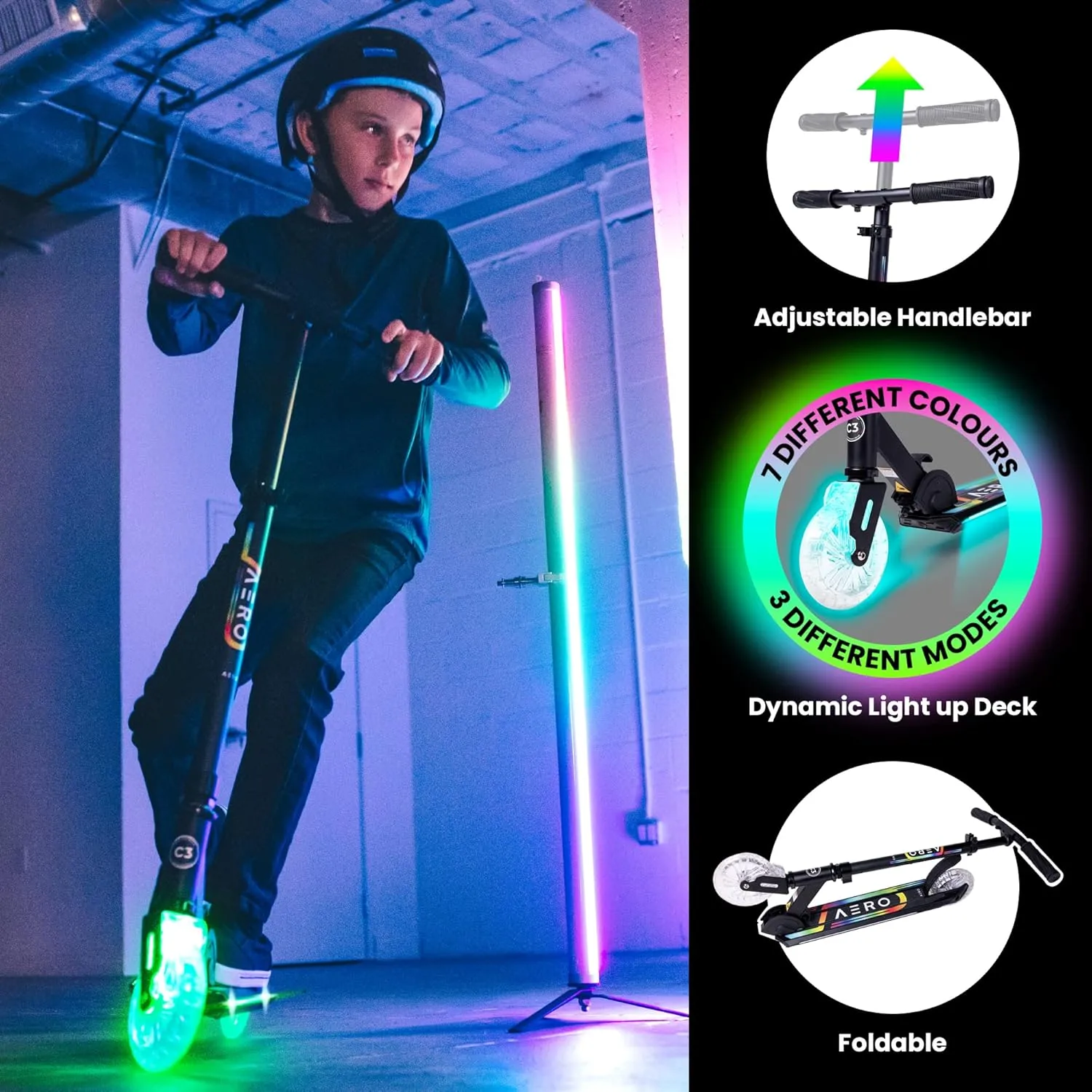 Aero Scooter for Kids 5-7 & 6-12 | Boys & Girls 2 Wheels Kick Scooter with Dynamic Lights | Foldable & Height Adjustable