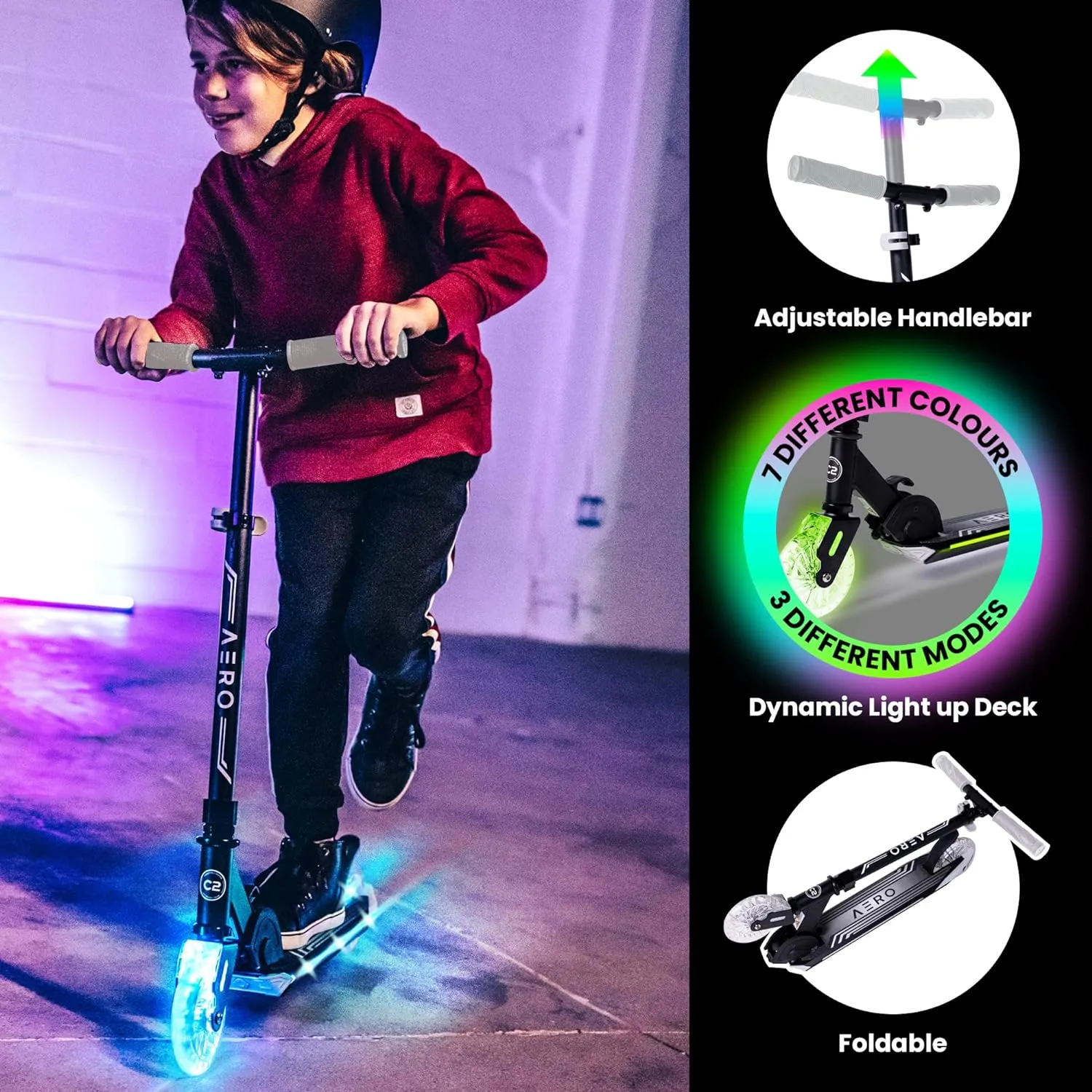 Aero Scooter for Kids 5-7 & 6-12 | Boys & Girls 2 Wheels Kick Scooter with Dynamic Lights | Foldable & Height Adjustable