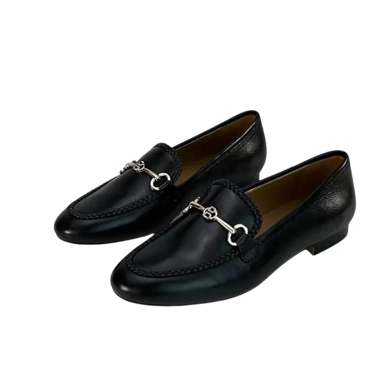 AiciBerllucci Prime  Black Calfskin  Leather Women's Loafers & Slip-Ons Comfortable Loafers for Women Casual Women's Flats Driving Shoes With Buckle