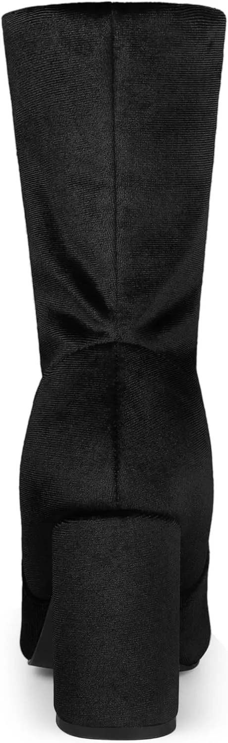 Allegra K Women's Velvet Round Toe Block Heels Foldable Mid Calf Boots