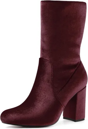 Allegra K Women's Velvet Round Toe Block Heels Foldable Mid Calf Boots