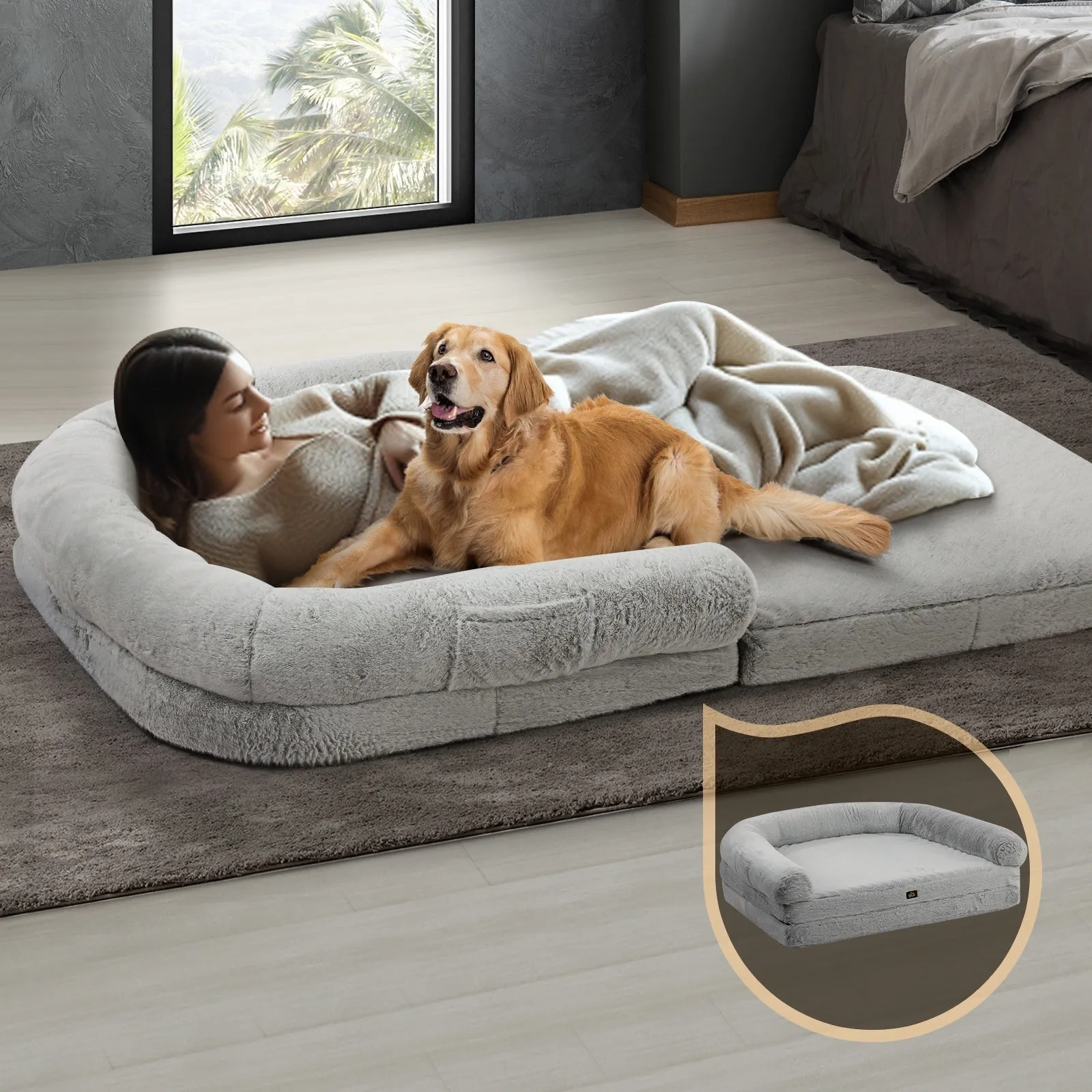Alopet Foldable Human Dog Bed Calming Bed Dog Sofa Beds Removable Washable Grey