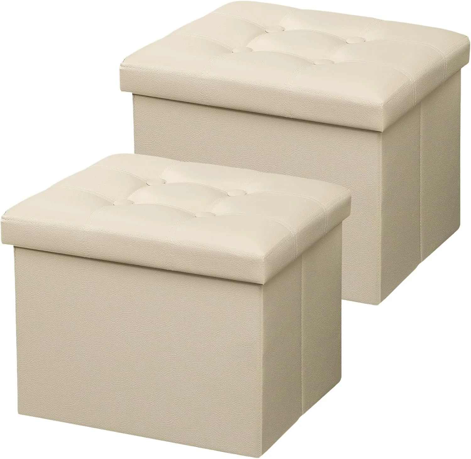 AmasSmile Storage Ottoman Folding Foot Rest Stool, Leather Footstool Bench, Short Ottoman Stool, Storage Foot Rest Store, Books (Beige-2pc, 13" D x 17" W x 13" H)