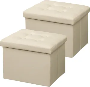 AmasSmile Storage Ottoman Folding Foot Rest Stool, Leather Footstool Bench, Short Ottoman Stool, Storage Foot Rest Store, Books (Beige-2pc, 13" D x 17" W x 13" H)