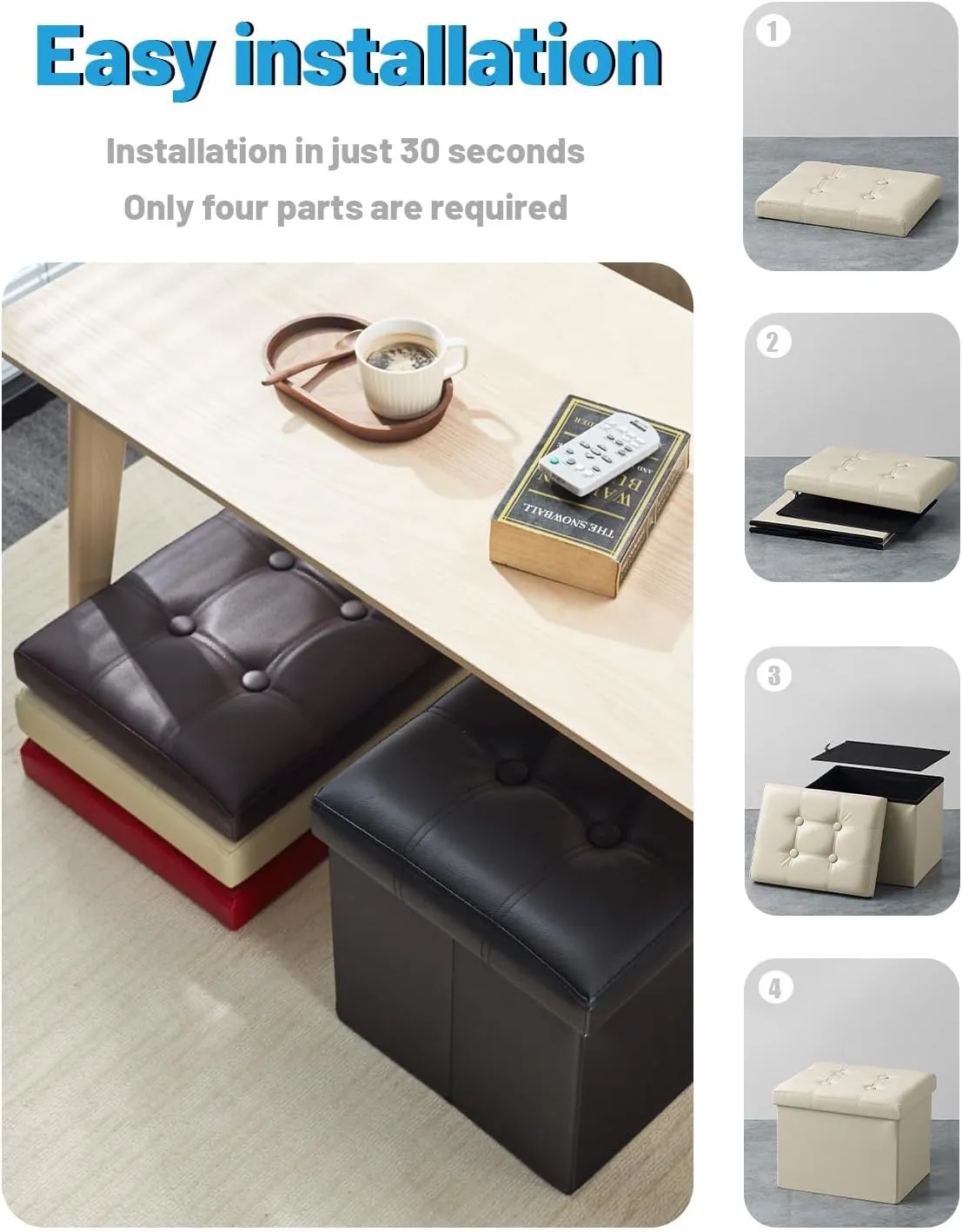 AmasSmile Storage Ottoman Folding Foot Rest Stool, Leather Footstool Bench, Short Ottoman Stool, Storage Foot Rest Store, Books (Beige-2pc, 13" D x 17" W x 13" H)